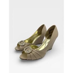 Tevolio Taupe Peep Toe Wedge Heels Rhinestone Buckle Size 8.5 Formal Cocktail